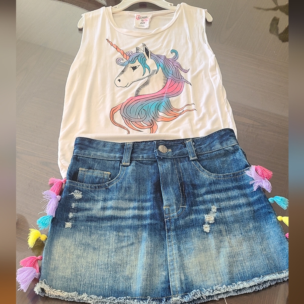 Flowers by Zoe Denim Tassel Skirt and Unicorn Tank Set